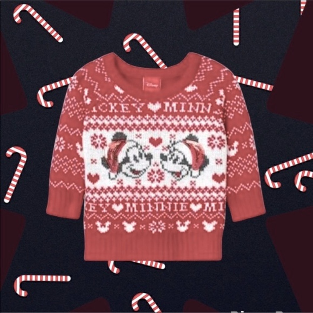 NEW! DISNEY Christmas Sweater Minnie & Mickey Mouse Red Sequin Detail Size 3-6M